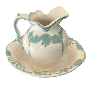Arnels VTG 70s Pitcher & Water Basin Set Cream Turquoise Cottagecore Farmh